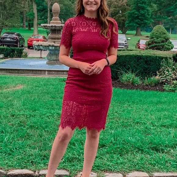 Burgundy Lace Dress | Wedding Guest Dress | Cocktail Dress | Semi-Formal Dress - Picture 1 of 6